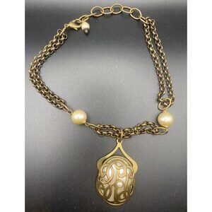 Signed Jan Michaels Art Nouveau Necklace Gold Brass Tone Caged Pearl Rolo Chain